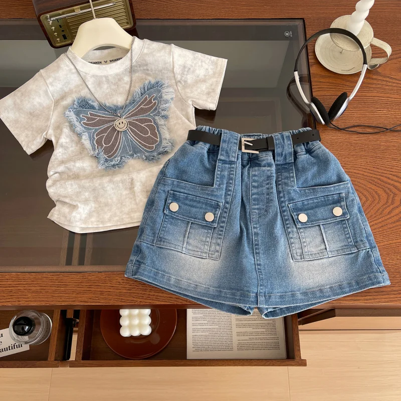 

2025Summer New Girls' Denim Butterfly Patch Short SleeveTT-shirt+Denim Skirted Leggings Two-Piece Suit