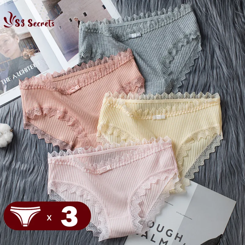 3PCS/Set Cotton Briefs Mid-Rise Underwear Sexy Ladies Lace Bowtie Panties Breathable Intimate Women Antibacterial Crotch Lingere