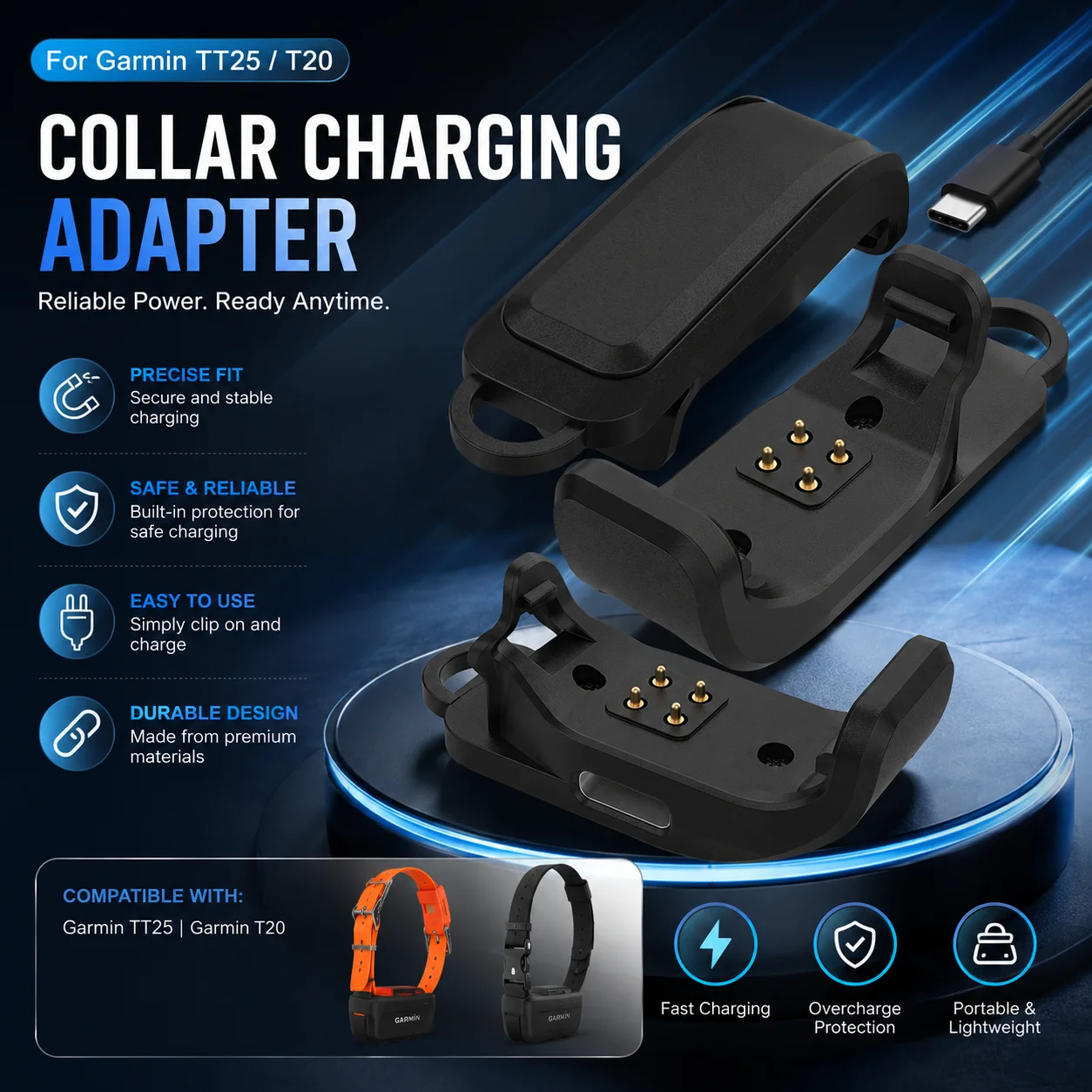 Charger For Garmin TT25 T20 - Pet Dog Collar Power Adapter, Charging Clip, Supports USB-C Cable,1PCS-Pet collar charger