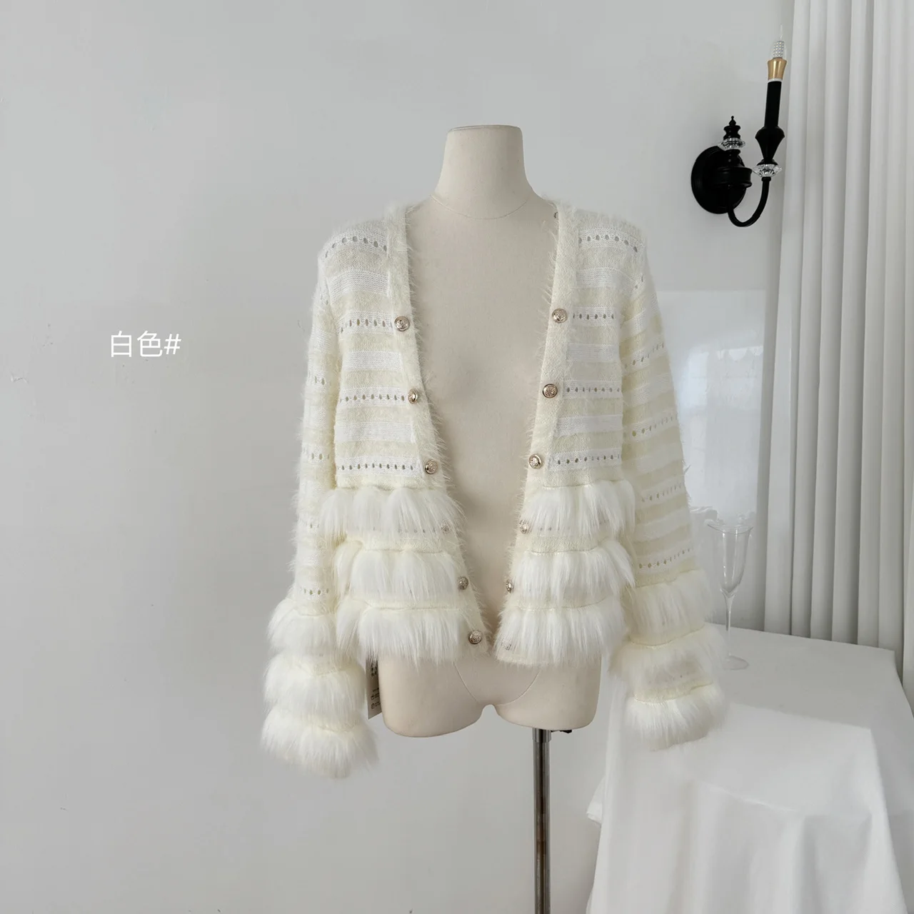 Simulated Fox Hair Light Fur Heavy Duty Bright Silk V-Neck Knitted Cardigan Sweater Women