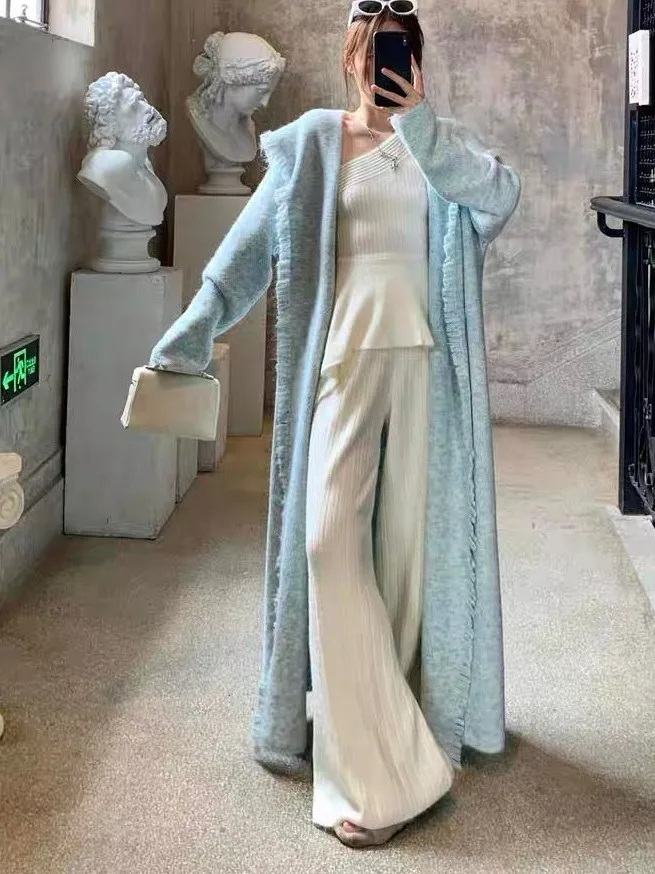 

2025 ленивый вязаный свитер с кисточками, пальто, женский длинный тонкий мягкий свободный открытый кардиган, осенний модный повседневный свободный кардиган