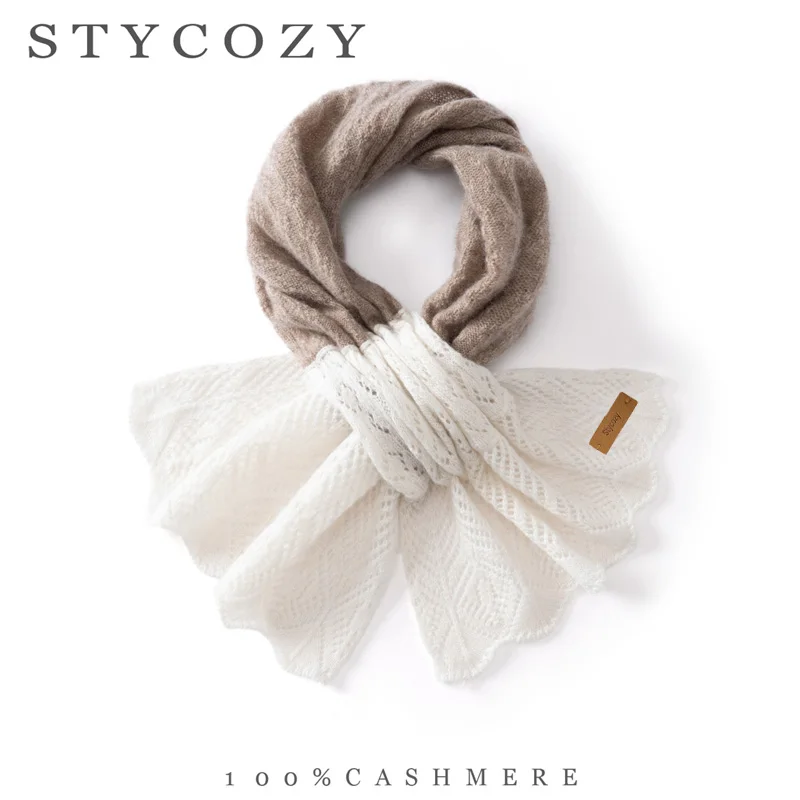 Women 100%Cashmere Knitted Scalloped Wave Edge Scarf Hollow Perforated Cross Tie Wesp Autumn Winter Neck Collar Daily Outfit