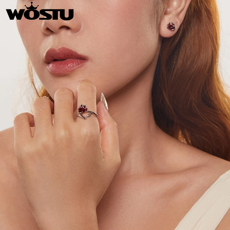 WOSTU 925 Sterling Silver Red Rose Open Ring  Stud Earrings Jewelry Set with Enamel for Women Date Wedding Love Jewelry Original