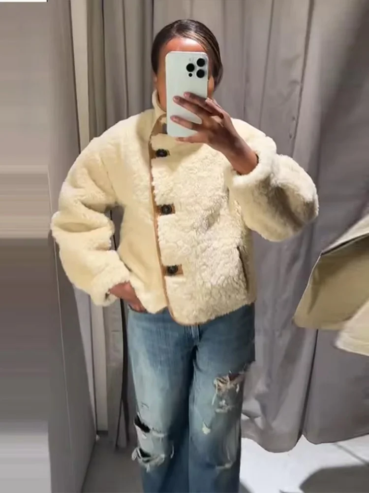 Tidalyf 2025 Dámská oboustranná fleecová bunda s dlouhým rukávem, stojáček, knoflíky a kapsami, ležérní teplá - náhled 4