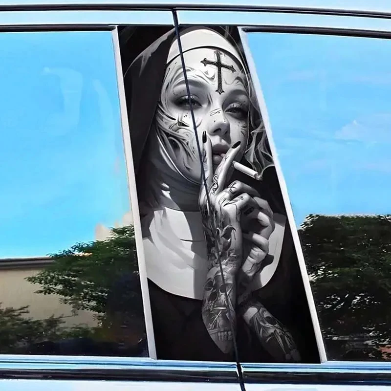 Gothic Tattoo Nun Car B Pillar Sticker, Creative Window Center Column Decal, Waterproof Scratch Cover Auto Modification Decal