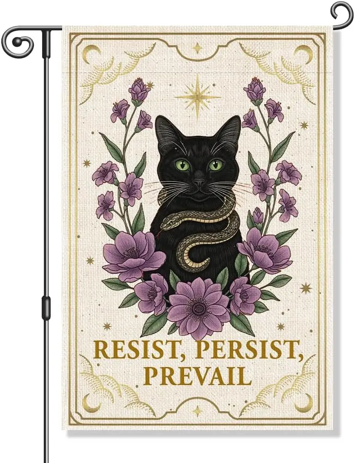 Resist Persist Prevail Garden Flag, Feminist Snake Cat Yard Decor, Empowerment Political Statement Justice Banner, Black Cat EEZ