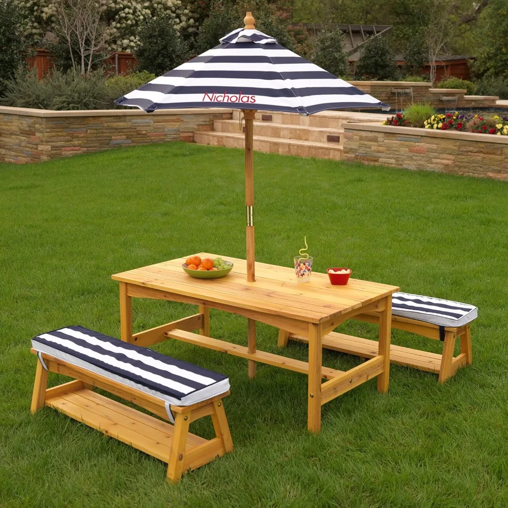 

Kids Backyard Furniture Garden Furniture Sets Outdoor Wooden Table & Bench Set With Cushions and Umbrella freight free