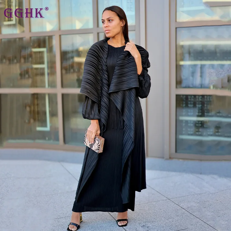 GGHK Pleated Women 2 Piece Solid Color Cardigan Shawl Round Collar Sleeveless Fringe Dress 2025 Spring Autumn New Female Set