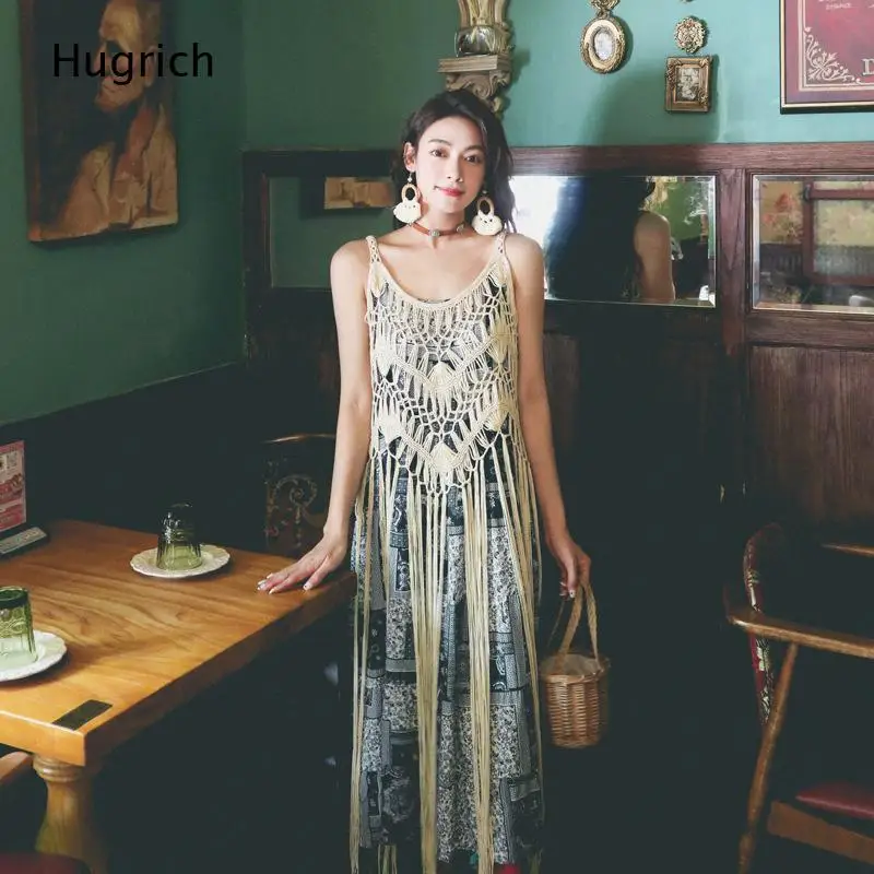 Women Crochet Macrame Fringe Tassel Cami Top Sleeveless Hollow Out Boho Beach Cover Up Halter Sling Vest