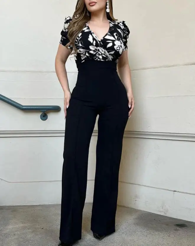 Jumpsuit Women 2026 Spring New Printed Patchwork Deep V-Neck Bubble Sleeves Slim Fit Elegant Zipper Back Jumpsuit