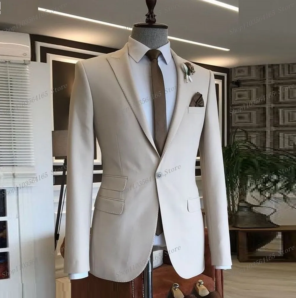 New Beige Men Blazer Business Formal Office Coat Casual Work Prom Single Jacket Wedding Party Fashion Male Suit A10