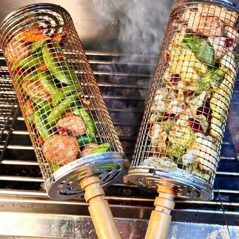 BBQ Cage BBQ Stainless Steel Rolling Barbecue Tub BBQ Mesh Smoked Barbecue Round Grill Barbecue Basket