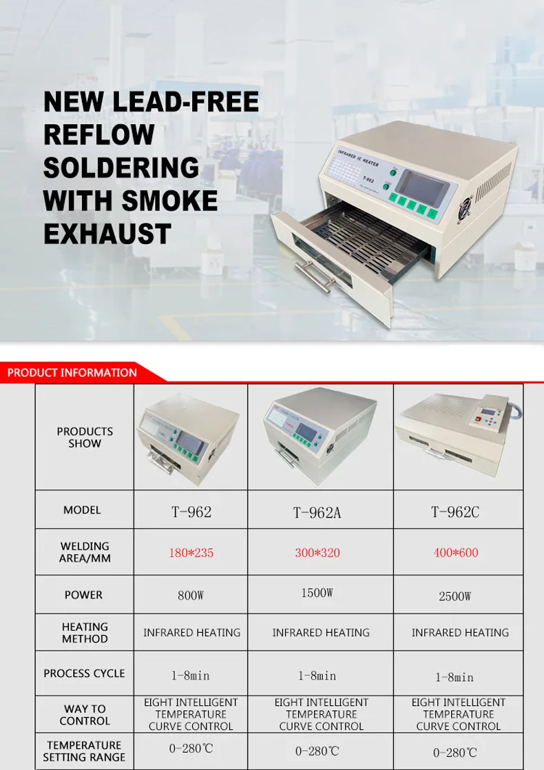 T962C Infrared IC Heater Reflow Solder BGA SMD SMT Rework Station with smoke channel Welding area 600x400mm 110V/220V