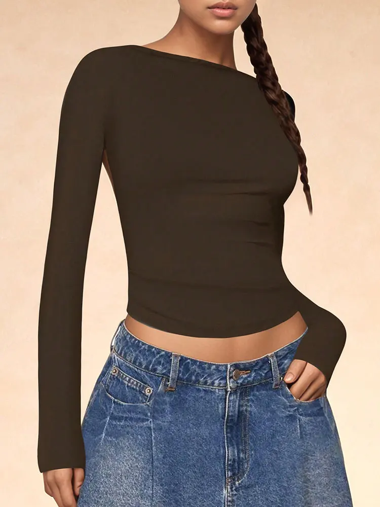 Cheap Women's Evening Corset Crew Neck Open Back Long Sleeve Basic Crop Tops Stretch Backless Going Out T-Shirt Female Clothing