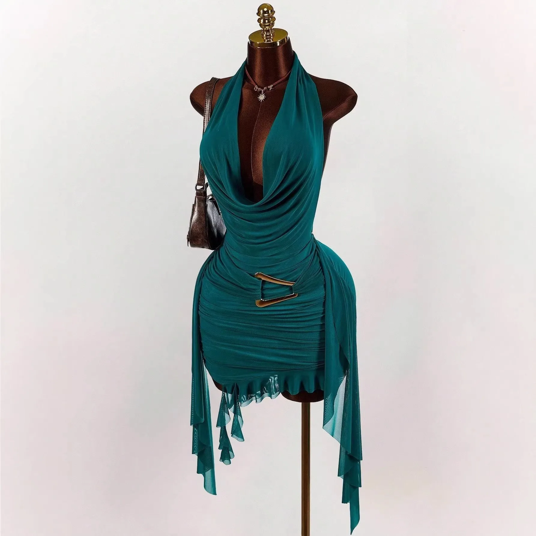 Summer Woman Dress Elegant Party Halter Neck Black Dresses Women's Evening Sleeveless Dress Ruched Waist Teal Mini Dress