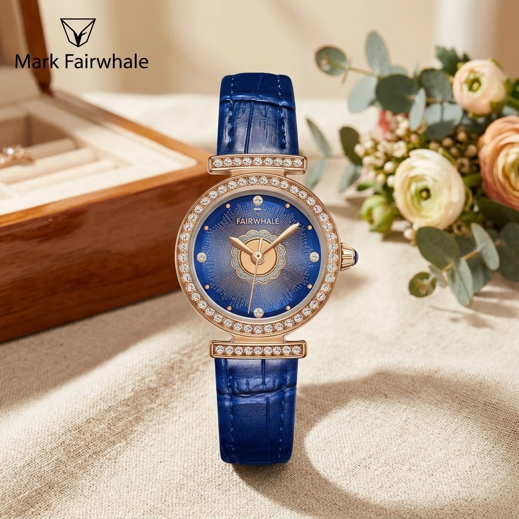 Mark Fairwhale Ladies Wrist Watch Quartz Movement Round Sunburst Floral Dial Full Rhinestone Bezel Leather Band for Women