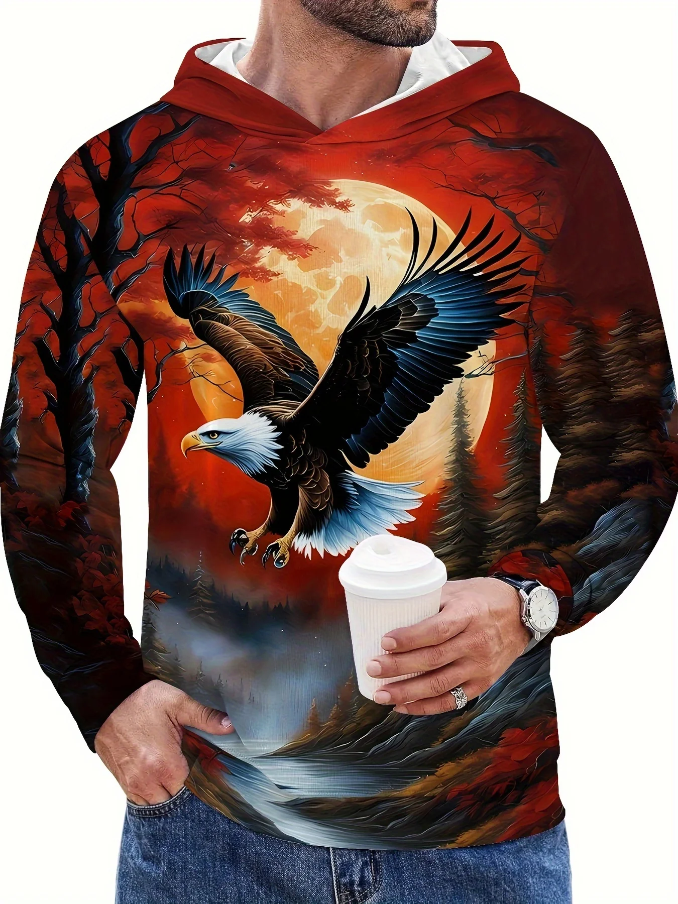 3D Flying Eagle Red Forest Moon Graphic Hoodies Men Hip Hop Sport Pullover, Casual Long Sleeve Hooded Sweatshirt Streetwear Tops