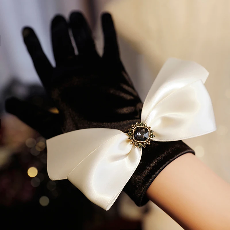 Korean Solid Color Satin Black Bow Rhinestones Studio Photo Wedding Dress Gloves Women Summer Driving Sunscreen Gloves S95