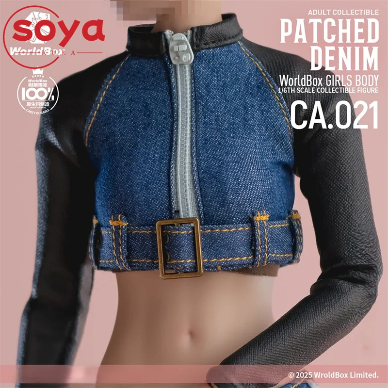 ชุดเสื้อแจ็คเก็ตยีนส์ลายปะติดสไตล์เรโทร Worldbox CA021 ขนาด 1/6 พร้อมกางเกง สำหรับตุ๊กตาแอ็คชั่นฟิกเกอร์หญิงขนาด 12 นิ้ว