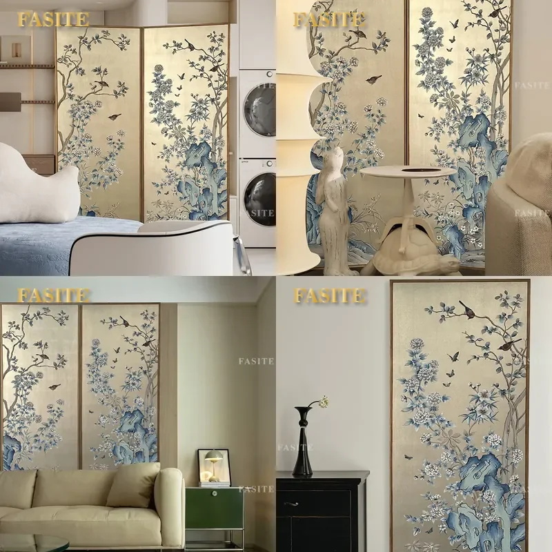 For French Hollow Folding Partition Screen Silver Foil Lacquer Painting Living Room Entrance Background Wall Tea Room