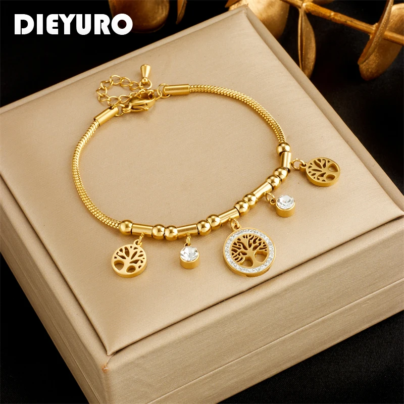 DIEYURO 316L Stainless Steel Round Tree White Zircon Charm Bracelet For Women Girl New Fashion Non-fading Jewelry Gift Party