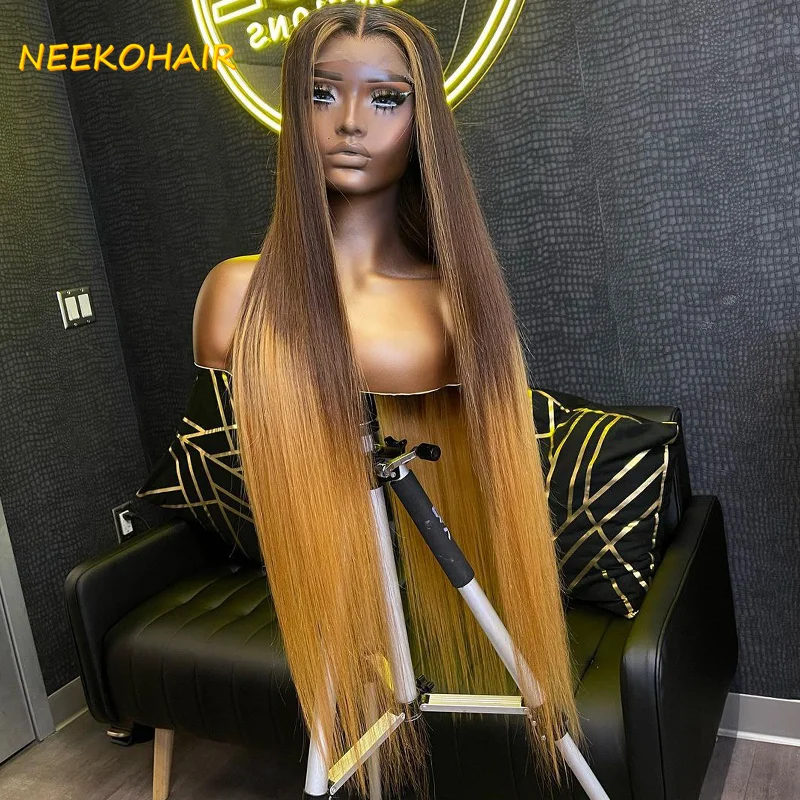 13x6 HD 4/27 Stripe Human Hair Lace Front Wig Pre Plucked Ombre 4-27 Brown-Honey Blonde Colored 13x4 Lace Frontal Wigs For Women