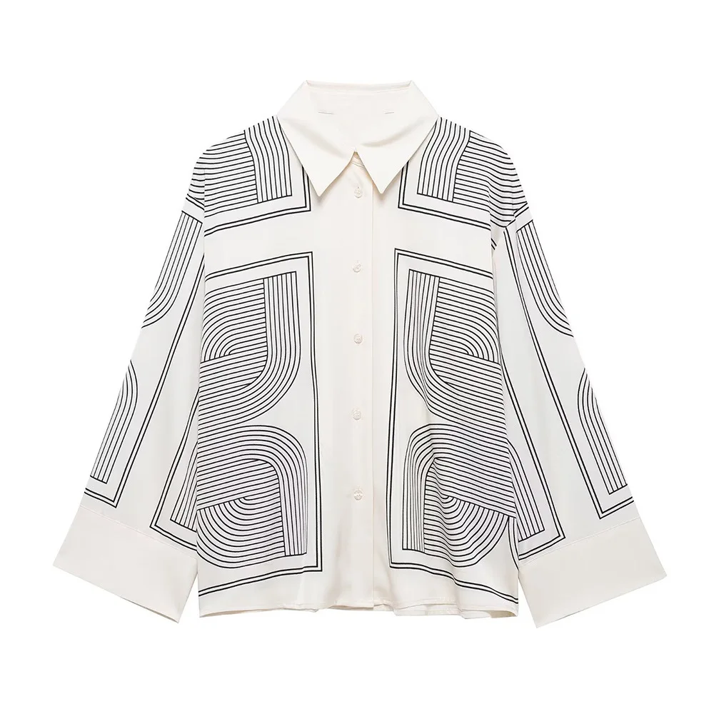 Stampa di linee geometriche simmetriche e strisce Camicia ampia semplice e versatile drappeggiata setosa in stile europeo e americano