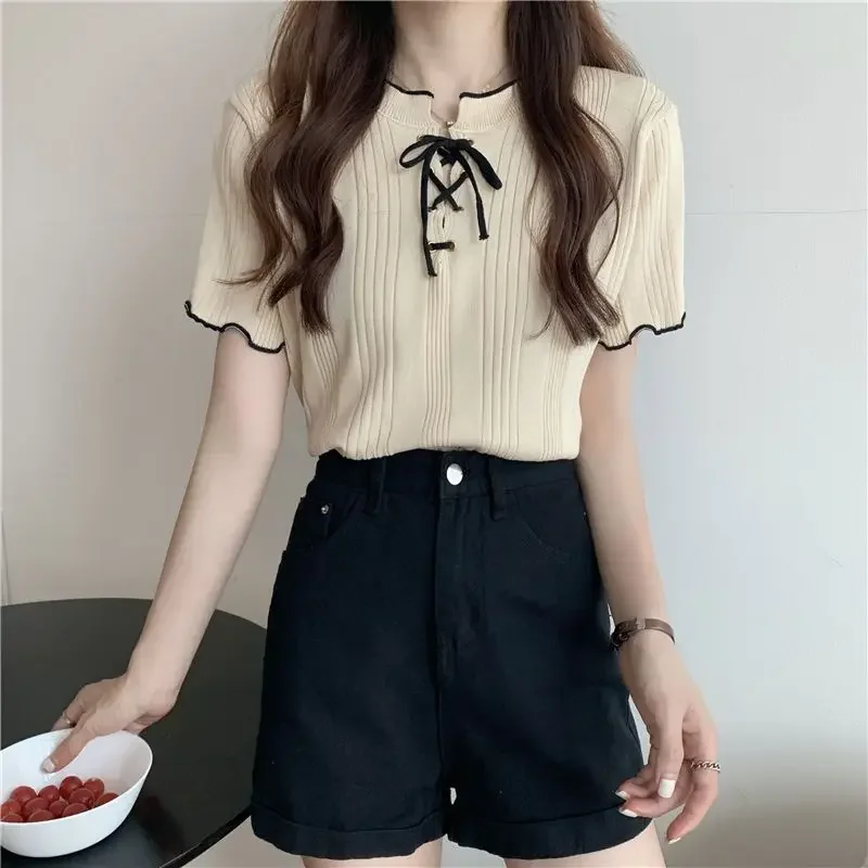

Fashion Korean Women Clothing Summer Thin Bandage Pleated Sweet Tops Short Sleeve Solid Youth Simplicity Short Casual T Shirts