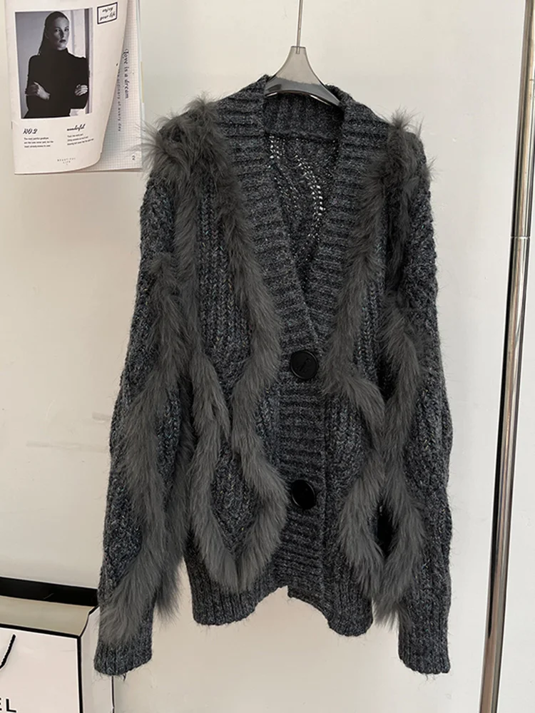 2024 moda feminina outono natural real pele de raposa jaqueta de malha cardigan camisola casaco oversize decoração de pele de raposa senhora
