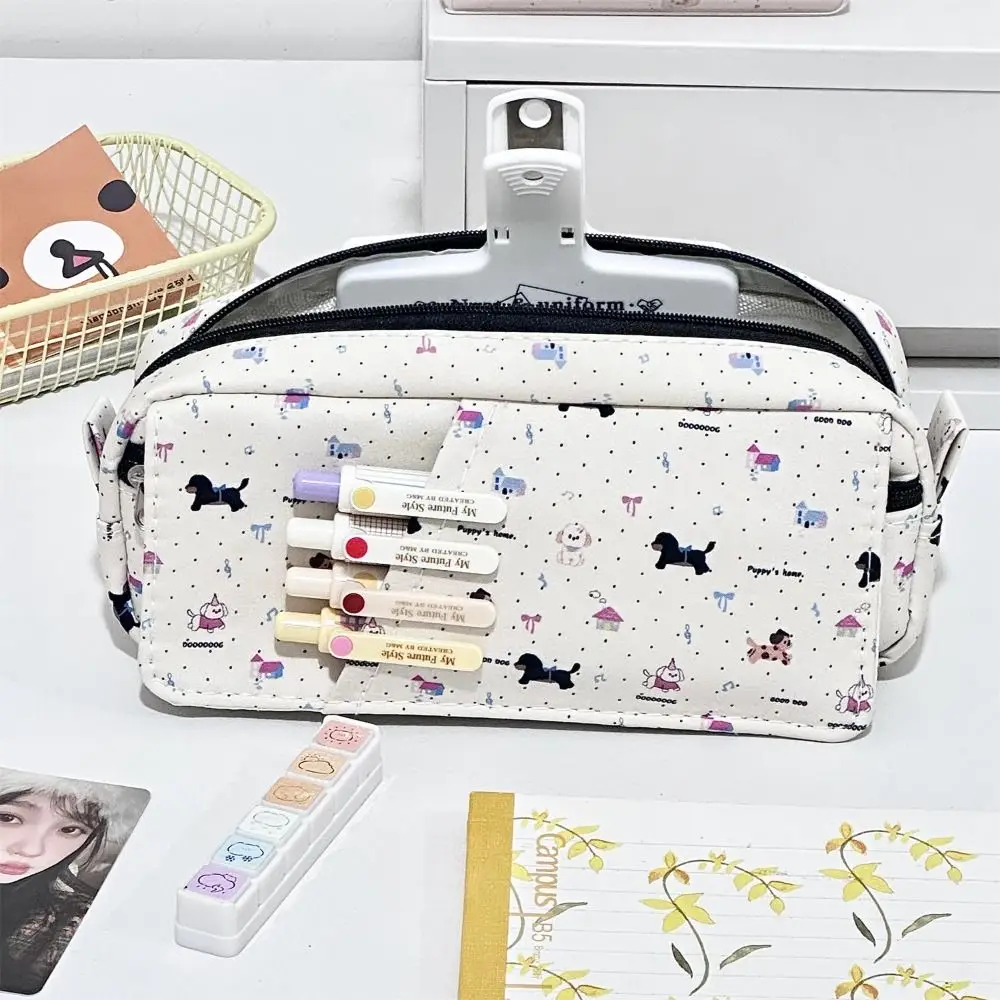 Bolsa para bolígrafos de perro salchicha de dibujos animados, bolsa de papelería multicapa de gran capacidad, estuche de lápices portátil con diseño abatible para volver a la escuela