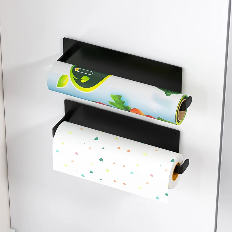Two Types of Non Porous Kitchen Tissue Holders and Refrigerator Side Cling Film Storage Racks with Magnetic Suction Adhesive