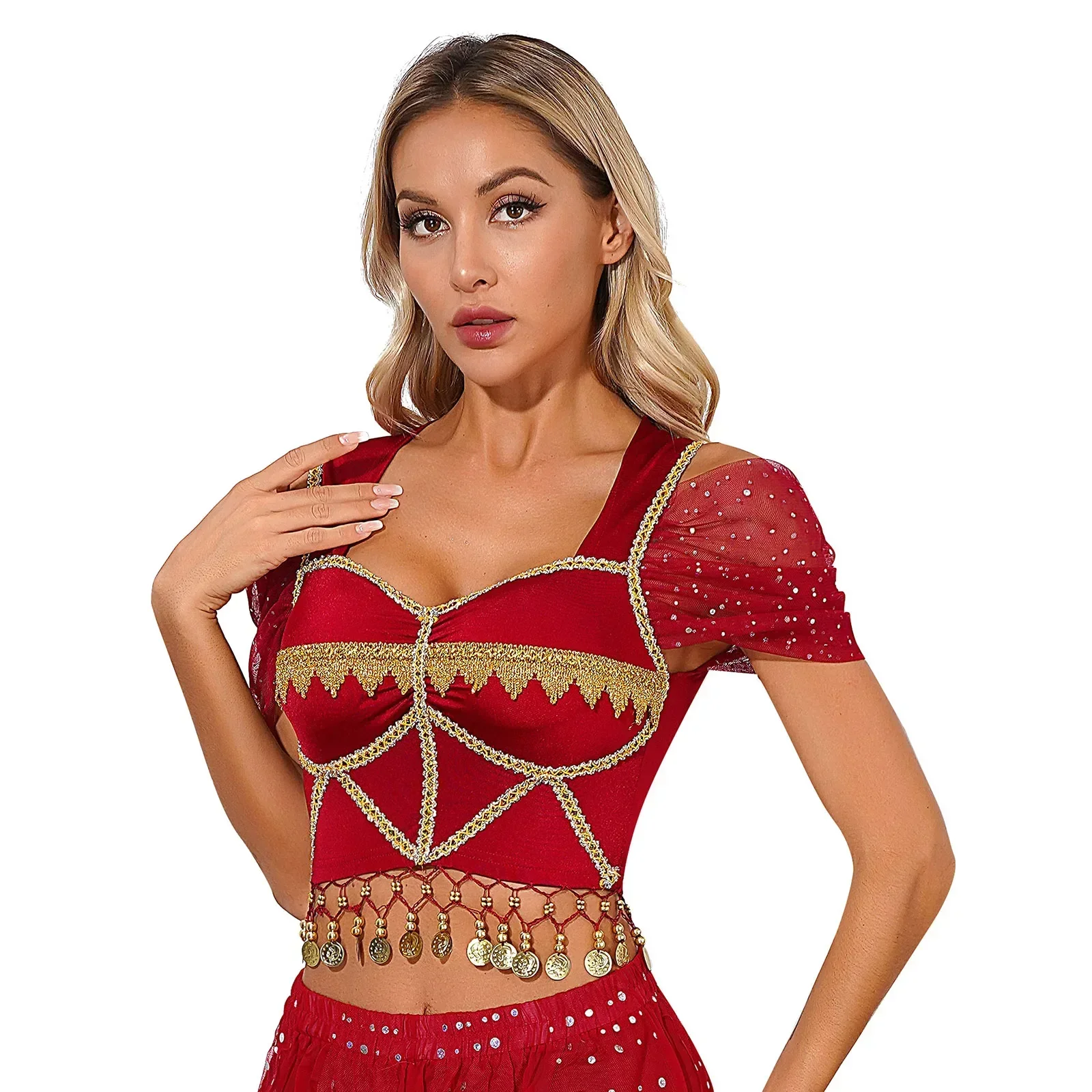 Womens Belly Dance Crop Top Mesh Sleeve Cutout Back Built-in Chest Pads Tops Halloween Bollywood Carnivals Belly Dancing Costume