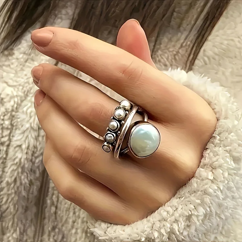 Vintage Imitation Perle Frauen Ringe Zwei Ton Metall Zubehör Antike Farbe Vielseitig Mädchen Finger Ring Partei Schmuck