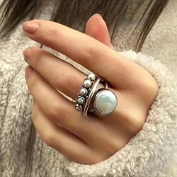 Vintage Imitation Pearl Women Rings Two Tone Metal Accessories Antique Color Versatile Girl Finger Ring Party Jewelry