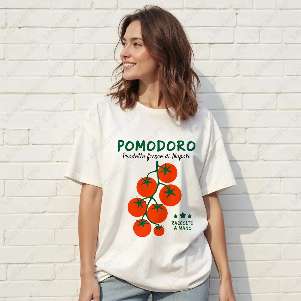 Vintage Italian Tomato Cotton Graphic Tshirt Summer Shirt Women Top Italy Vacation Aesthetic Tomato Girl Market Style