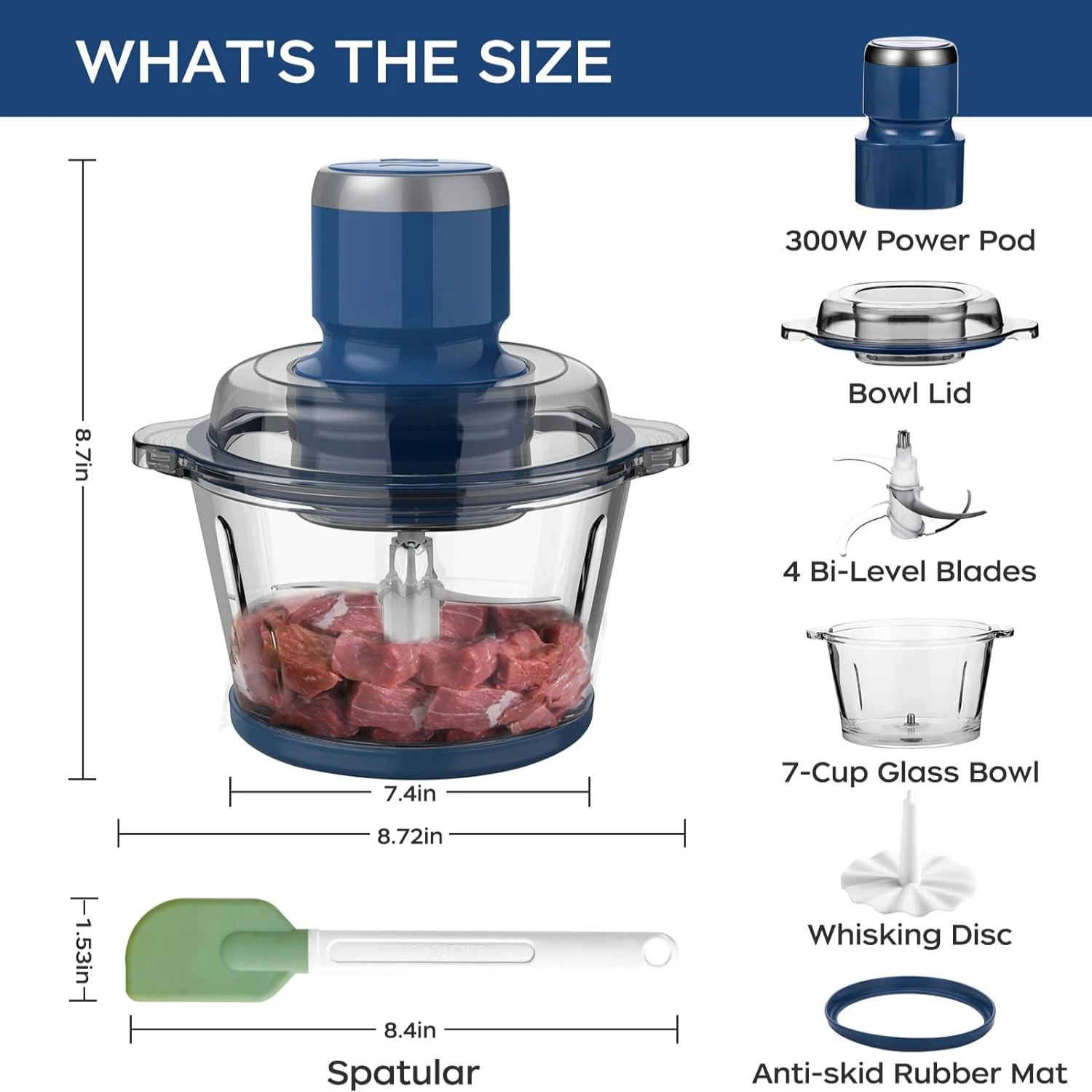 Food Processor, Food Chopper with 7-Cup (1.7L) Glass Bowl, 4 Bi-Level Blades for Chopping,Grinding,Mincing,Whisking,Meal Prep,30