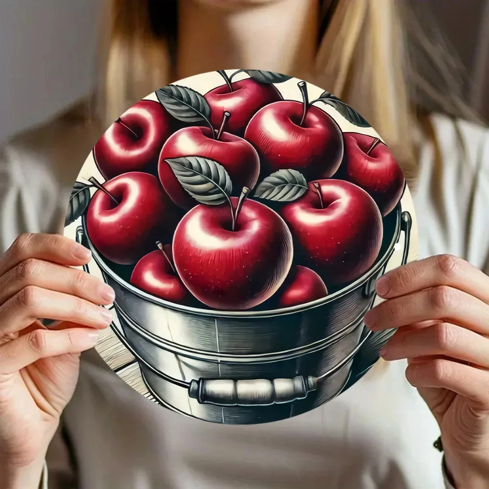 Hd Tin Sign, Red Apple Circular Metal Wall Art in a Metal Bucket, Farmhouse Kitchen Decoration