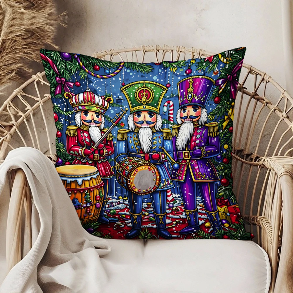 Square Throw Pillow Case Multicolor Christmas Nutcracker Soldiers Drum Candy Cane Festive Holiday Decoration For Living Room