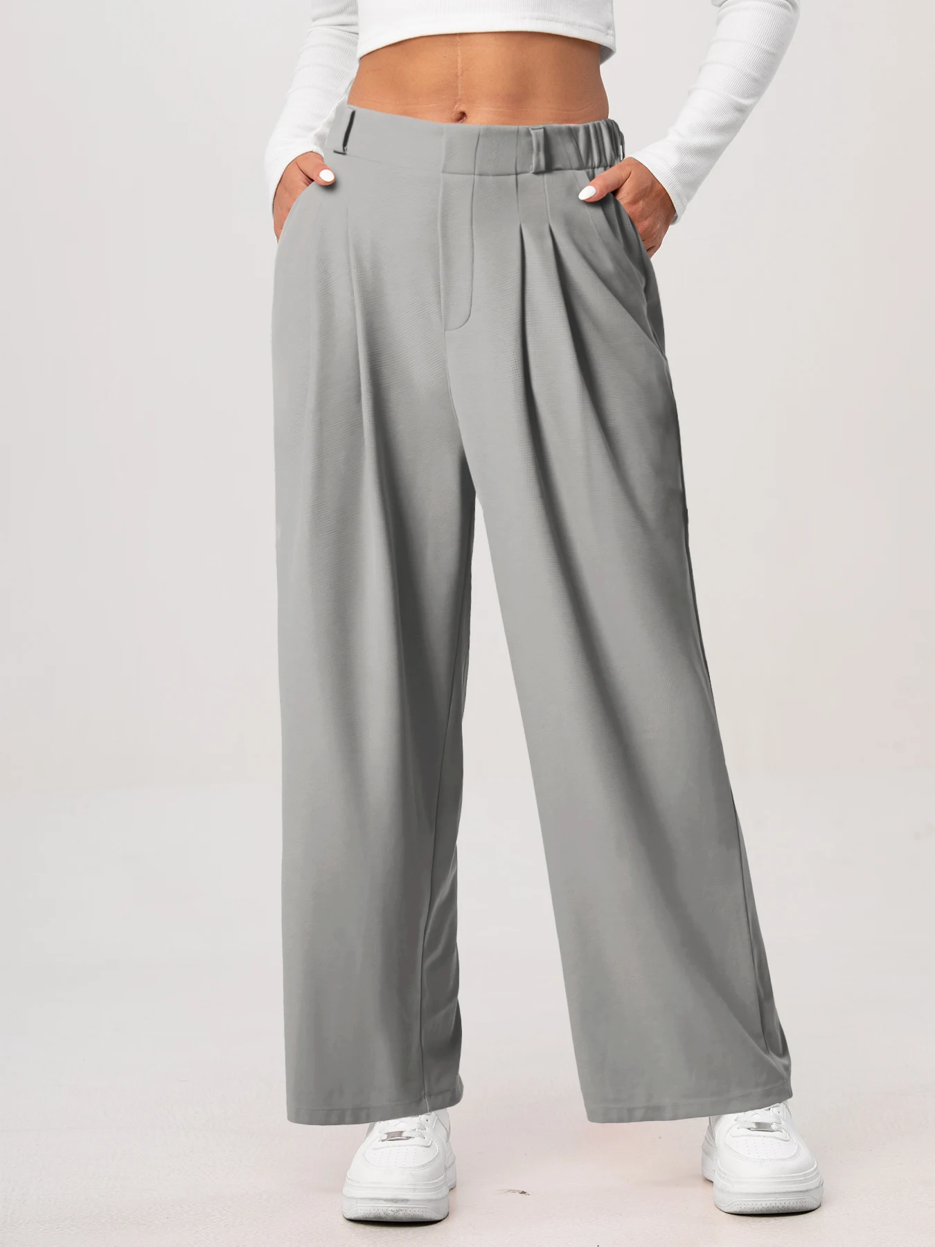 Damenhose, karierte, figurbetonte Hose mit weitem Bein und Taschen, hochtaillierte, lässige, figurbetonte Hose mit weitem Bein für Damen. – Detail 22