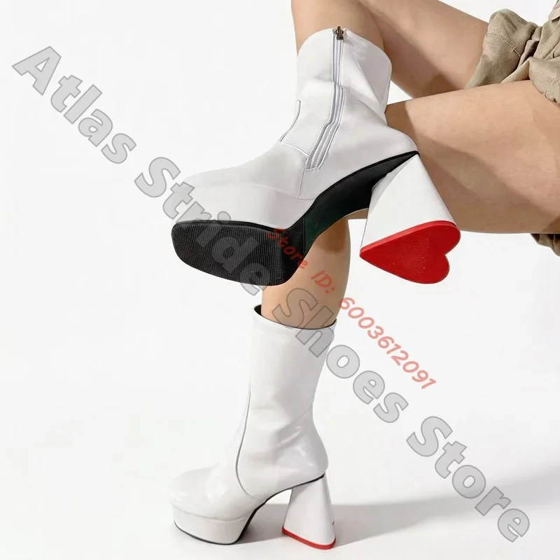 Smooth Black Faux Leather Platform Mid Calf Boots Chunky Trapezoid Block Heel Signature Red Outsole Minimal Modern Women Boots