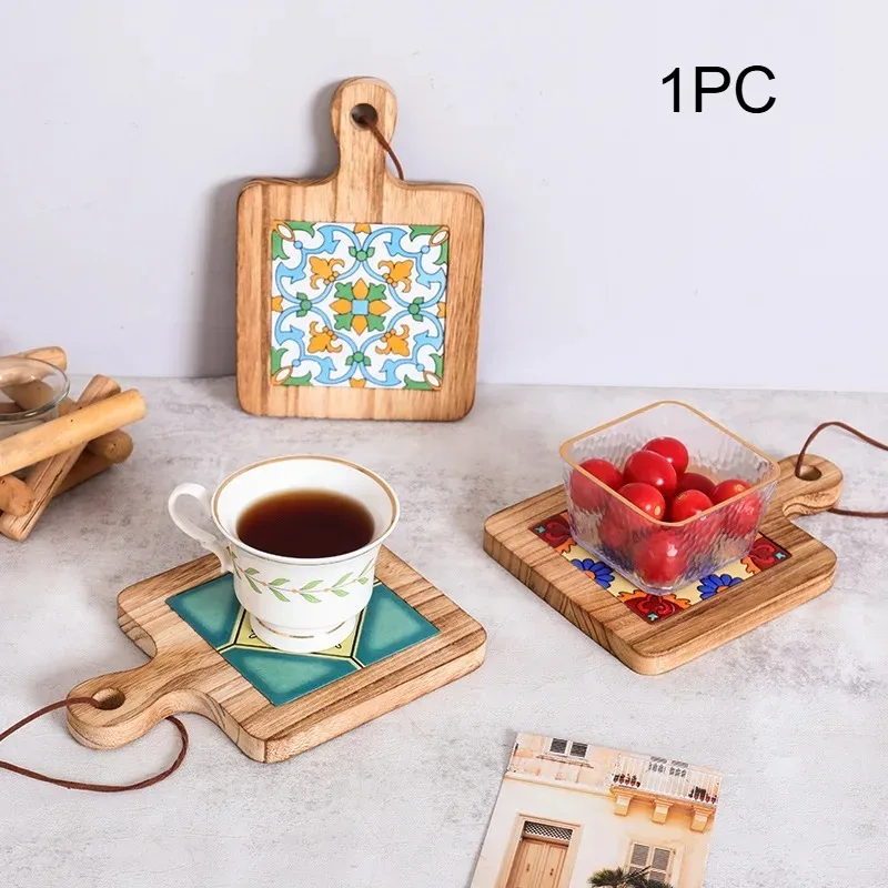 1Pc Vintage Flower Brick PotMat, Wooden Plate CupMat, Meal Mat, Soup Mat, Sand Pot WoodenMat