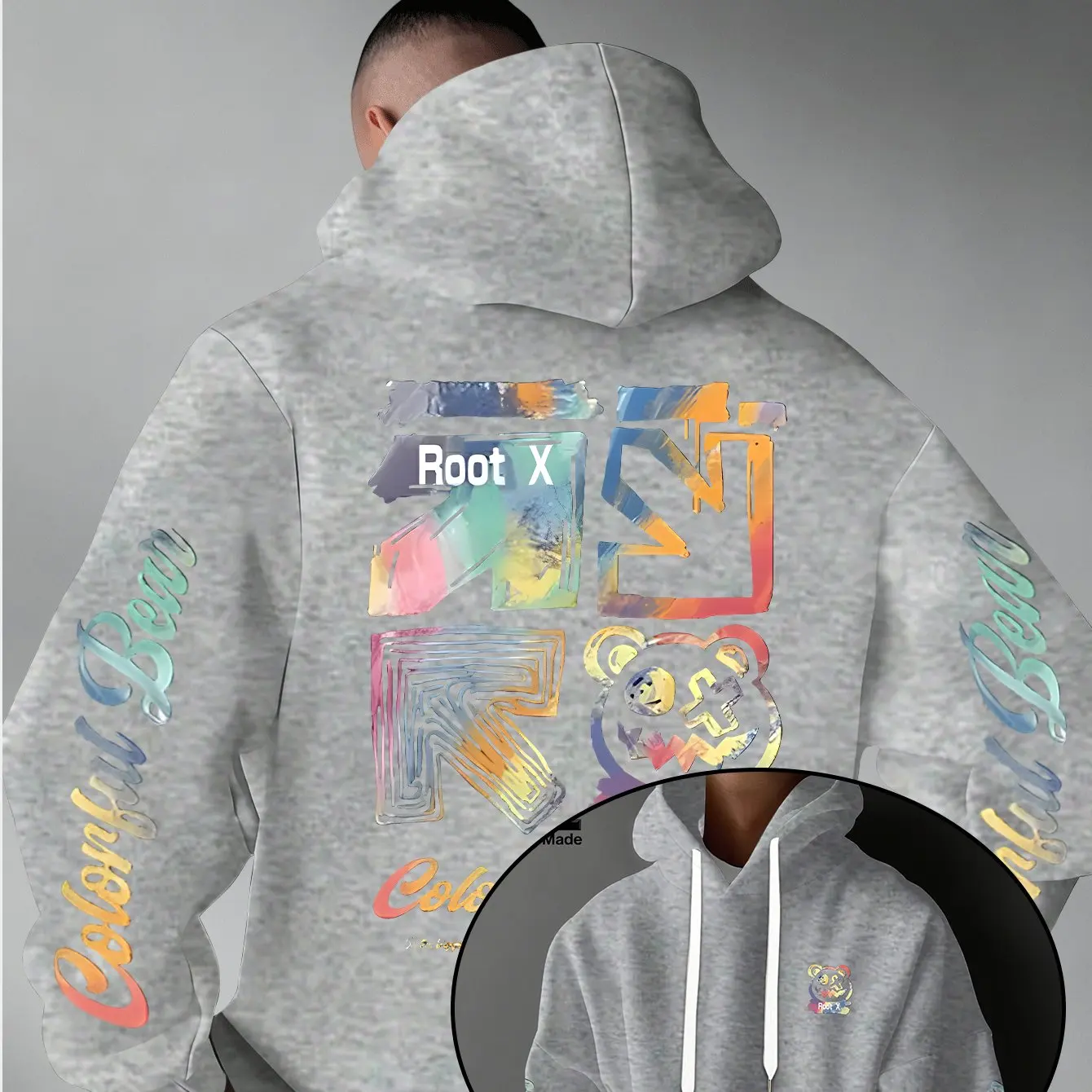 Herren Dicker Warmer Hoodie mit Regenbogen-Graffiti-Print, Root X Bear Bunter Bären-Ärmel Textdruck, Urbaner Street-Style Alltags-Pullover – Detail 7