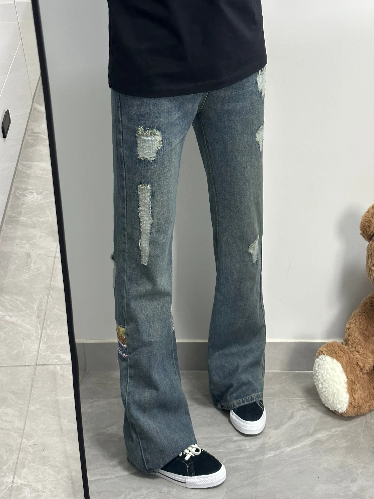

Retro American Design Waed out Jeans Men's Patchwork Ethnic Straight Leg Micro Flared Slim Long Trousers Trendy Youth Casua...