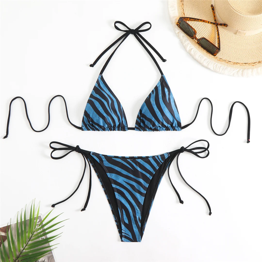 Halterneck-Bikini mit Streifenmuster und Leopardenprint, zweiteiliger Badeanzug für Damen, Badebekleidung, Badeanzug, Badeoutfit, Modell V6840L. – Detail 23