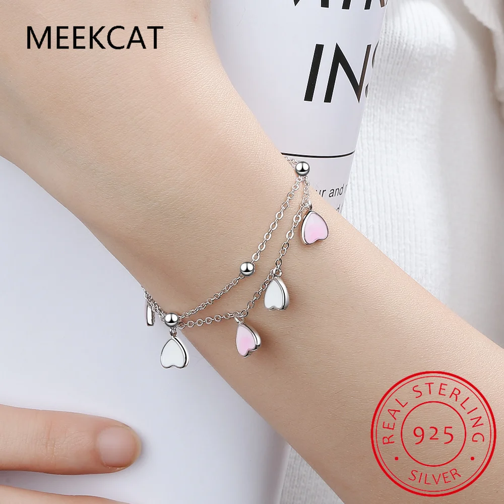 Sweet 925 Sterling Silver Pink Glaze Cherry Blossom Petal Gradient Heart Shaped Double Layer Chain Bracelet For Woman Party Gift