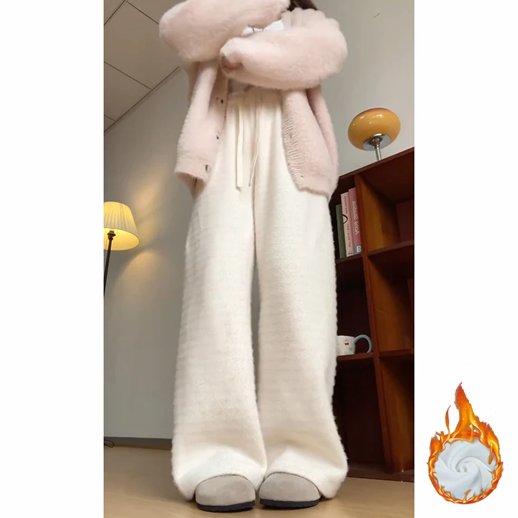 Thiened malha fce calças casuais femininas cintura alta perna reta outono inverno relaxar ajuste efeito de emagrecimento arroz macarrão calças