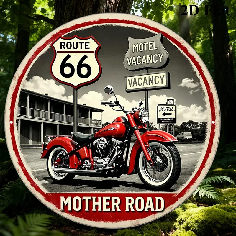 1 pieza, cartel redondo de madera, una placa decorativa retro sobre el tema de "Motocicleta en la Ruta 66"