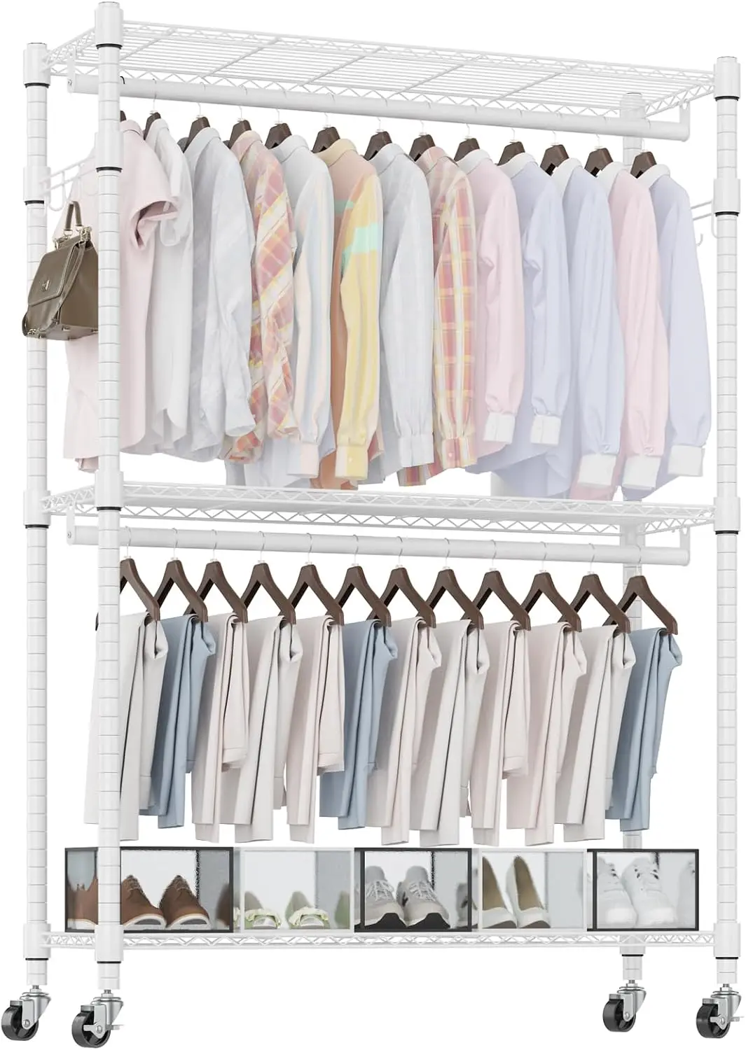 

3 Tier Heavy Duty Garment Rack with Wheels, Adjustable Wire Clothes Rack with Double Hanging Rods, Portable Closets for Hangi