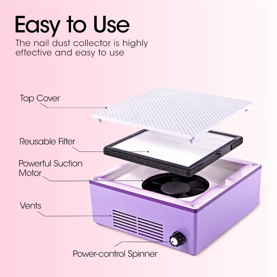 Collecteur de poussière d'ongles avec filtre réutilisable, aspirateur professionnel 60w pour ongles en acrylique, aspirateur de poussière d'ongles à faible bruit
