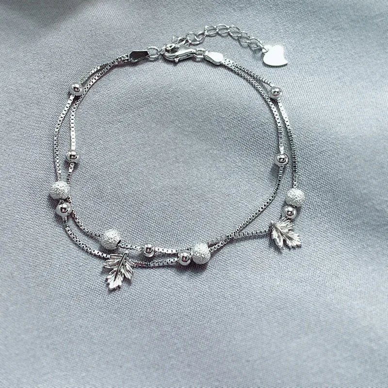 Fresh New in Double layer Chain Frosted Round Beads bracelets femme Vintage Maple Leaf Bracelet for Girls silver 925 Jewelry